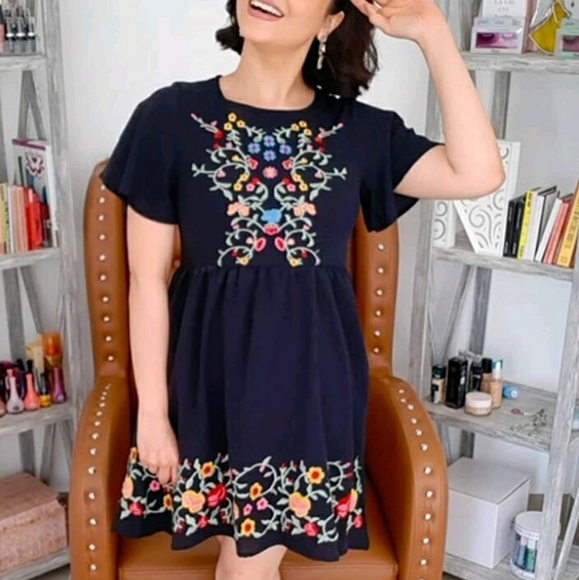 Black Multicolor Stitch Floral Embroidered Mini Dress - Picture 7 of 11